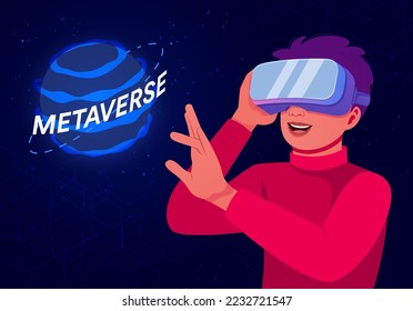 Avatar wearing virtual reality glasses, electronic head device. kid exploring and visualizing Virtual technology and Future innovations, Communication concepts with Metaverse Digital Technology, 3d.