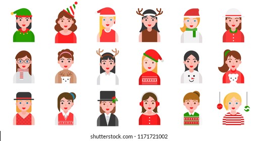 Avatar in winter and Christmas theme various fancy costume such as Santa, reindeer, ugly sweater in flat design