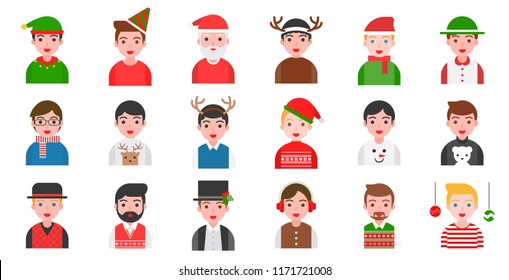 Avatar in winter and Christmas theme various fancy costume such as Santa, reindeer, ugly sweater in flat design