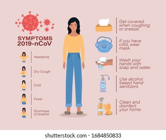 Avatar woman with 2019 ncov virus symptoms design of Covid 19 cov coronavirus infection corona epidemic disease symptoms and medical theme Vector illustration