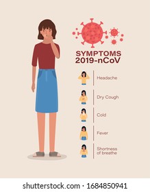 Avatar woman with 2019 ncov virus symptoms design of Covid 19 cov coronavirus infection corona epidemic disease symptoms and medical theme Vector illustration