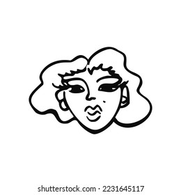 avatar of a woman with big lips, eyes and a mole near her mouth in doodle style - hand drawn vector drawing. concept stylized female portrait