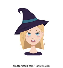 Avatar of a woman with blonde hair and blue eyes, sad emotions, crying face and tears wearing a witch hat. Girl in Halloween costume