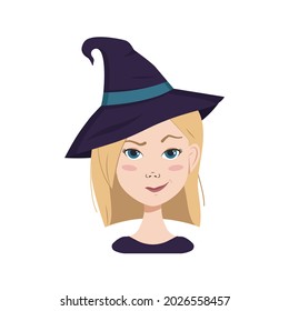 Avatar of a woman with blonde hair and blue eyes, emotions of suspicion, frowning face and pursed lips in a smirk wearing a witch hat. Girl in Halloween costume