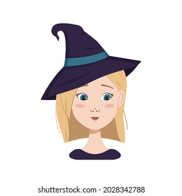 Avatar of a woman with blonde hair and blue eyes, shyness emotions, embarrassed face and downcast eyes and wearing a witch hat. Girl in Halloween costume