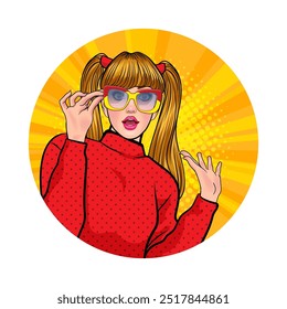 Avatar of woman or business person in various poses, circle background, retro pop art comics style.