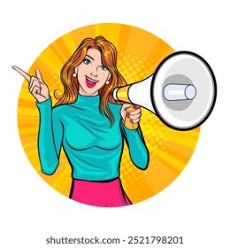 Avatar of woman or business person in various poses, circle background, retro pop art comics style.