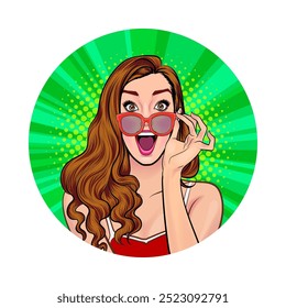 Avatar of woman or business person in various poses, circle background, retro pop art comics style.
