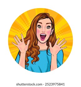 Avatar of woman or business person in various poses, circle background, retro pop art comics style.