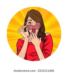 Avatar of woman or business person in various poses, circle background, retro pop art comics style.
