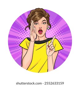 Avatar de mulher ou pessoa de negócios em várias poses, fundo círculo, estilo de quadrinhos de arte pop retro.
