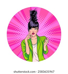 Avatar of woman or business person in various poses, circle background, retro pop art comics style.