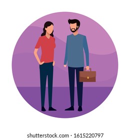 Avatar woman and businessman standing over purple circle and white background, colorful design, vector illustration