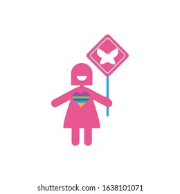 Avatar woman with butterfly banner of zero discrimination day, flat style icon vector illustration design
