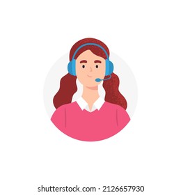 An avatar of woman from a call center. Live chat operators, hotline operator, assistant with headphones. Online global technical support 24 7. Vector flat illustration.