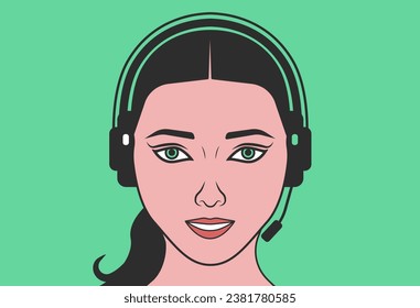 Avatar of woman call centre operator with headset. Woman operator in headphones with microphone on a green background. Operator smiling, happy to help, green eyes. eps10
