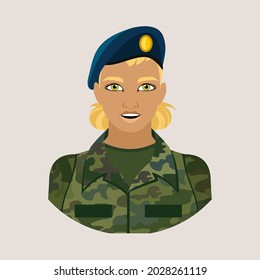 Avatar of a woman in camouflage uniform and a blue beret on her head. Women in the army. Flat vector illustration.