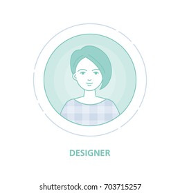An Avatar of a woman in a circle on a white background. Designer. Female portrait. Linear Art. Vector illustration. 