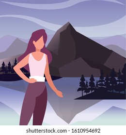 Avatar woman in front of landscape design, Girl female person people human and social media theme Vector illustration