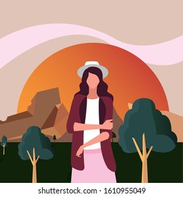Avatar woman in front of landscape design, Girl female person people human and social media theme Vector illustration
