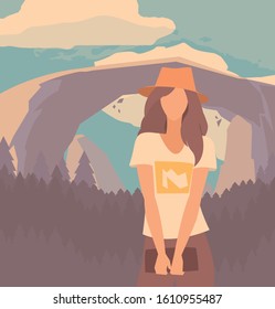 Avatar woman in front of landscape design, Girl female person people human and social media theme Vector illustration