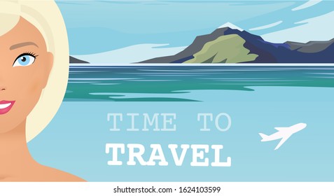 Avatar woman in front of landscape design. Summer seaside landscape. Blue ocean scenic view poster. Holiday vacation season sea travel leisure. Sea leisure relax. Vector tourist trip advertisement