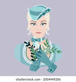 An avatar of a woman in a hat and a historical turquoise suit of the 18th century, holding a bouquet of plants in her hands. Historical aristocracy. Flat vector illustration.
