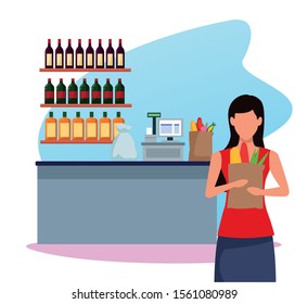 avatar woman holding a bag with food over supermarket cash register over white background, colorful design , vector illustration