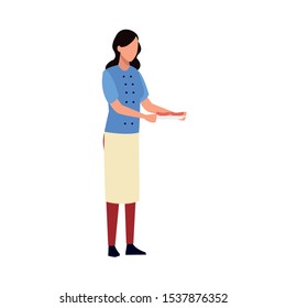avatar woman holding a plate with sausages over white background, vector illustration