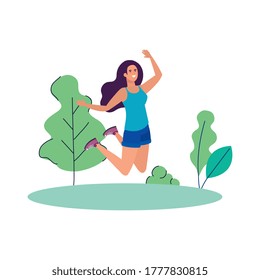 Avatar woman jumping at park design, Girl female person people human and social media theme Vector illustration