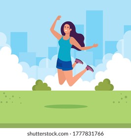 Avatar woman jumping at park design, Girl female person people human and social media theme Vector illustration