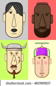 Avatar, woman, man heads characters. People vector shape heads different nationality in flat style.