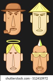 Avatar, woman, man heads characters. People vector shape heads different nationality in flat style.