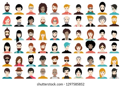 Avatar, woman, man heads. People vector shape heads different nationality in flat style.