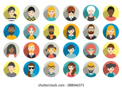 Avatar, Woman, Man Heads. People Vector Shape Heads Different Nationality In Flat Style. 