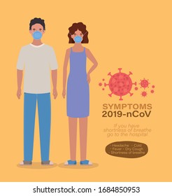 Avatar woman and man with masks 2019 ncov virus symptoms design of Covid 19 cov epidemic disease symptoms and medical theme Vector illustration