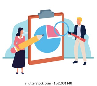 avatar woman and man pointing a clipboard with graphic charts over white and blue background, colorful design , vector illustration