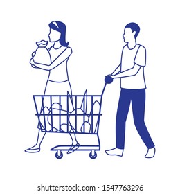 avatar woman and man with supermarket car and bags over white background, vector illustration