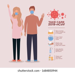 Avatar woman and man take care of 2019 ncov virus design of Covid 19 cov epidemic disease symptoms and medical theme Vector illustration