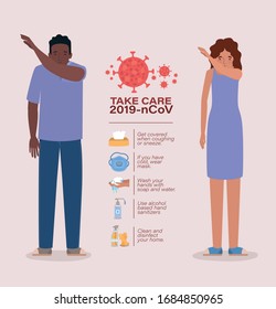 Avatar woman and man take care of 2019 ncov virus design of Covid 19 cov epidemic disease symptoms and medical theme Vector illustration