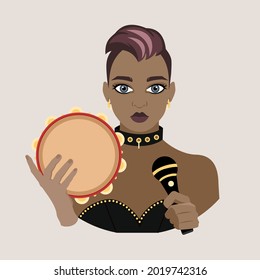 Avatar of a woman with a meek stylish haircut with a microphone in her hand and a tambourine in the other. Vocalist. Rock music. Flat vector illustration.