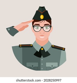 An avatar of a woman in an officer's shirt with glasses and a  forage-cap on head salutes the senior officer. Military women. Flat vector illustration.