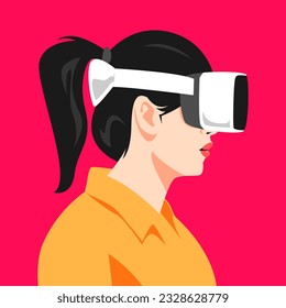 avatar of woman with ponytail hairstyle. using virtual reality headset. side view. vector illustration.