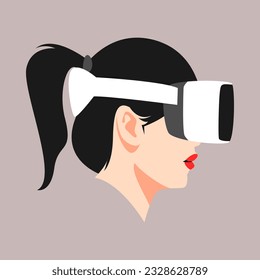 avatar of woman with ponytail hairstyle. using virtual reality headset. side view. vector illustration.