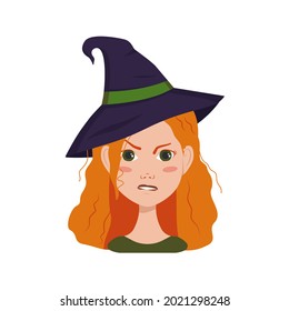 Avatar of a woman with red curly hair, angry emotions, furious face and pursed lips, wearing a witch hat. Girl with freckles in a suit for Halloween