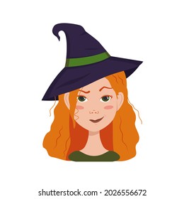 Avatar of a woman with red curly hair, emotions of suspicion, frowning face and pursed lips in a smirk wearing a witch hat. Girl with freckles in a suit for Halloween