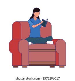 avatar woman relaxed sitting on couch reading a book over white background, vector illustration
