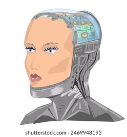 Avatar Woman Robot With Artificial Intelligence And Metal Body. Vector illustration girl robot with an electronic brain in a transparent head under glass. bionic or cybernetic body with a human face.