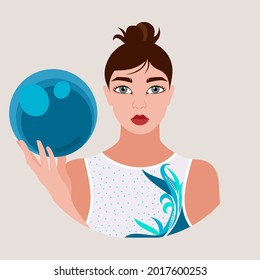 Avatar de una mujer en un leotardo deportivo de gimnasia con una pelota en la mano. Gimnasta. Concepto deportivo. Ilustración plana vectorial.