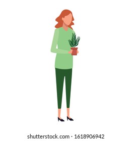 avatar woman standing holding a plant pot over white background, colorful design, vector illustration